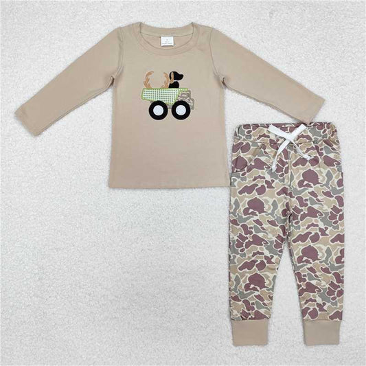 7.25  BLP0886 Embroidered Deer Horns Puppy Truck Long Sleeve Camouflage Pants Set