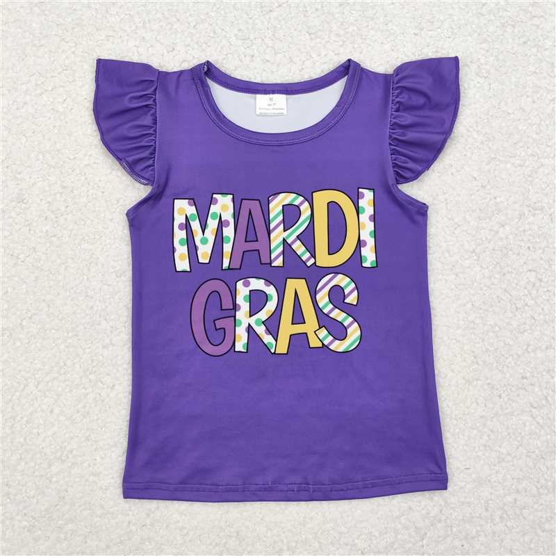 GT0814 Mardi Gras purple flying sleeve top with lettering