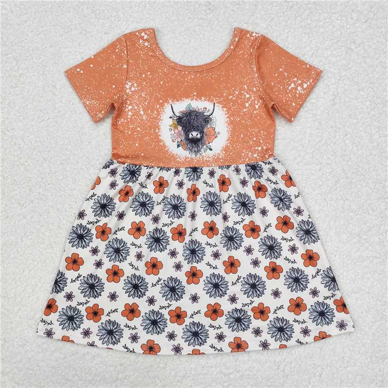 GSD1253 Flower Mountain Bull Head Brown Short Sleeve Dress