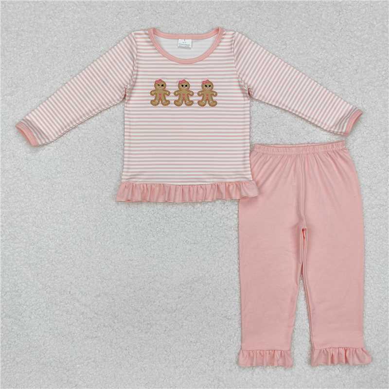 GLP1965 Embroidered gingerbread man pink striped lace long sleeve trousers set