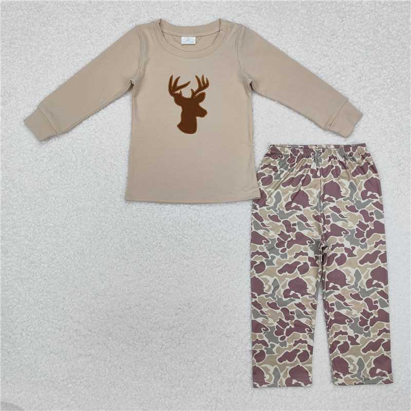 6.24BLP0530 Embroidered deer head long-sleeved camouflage trousers suit