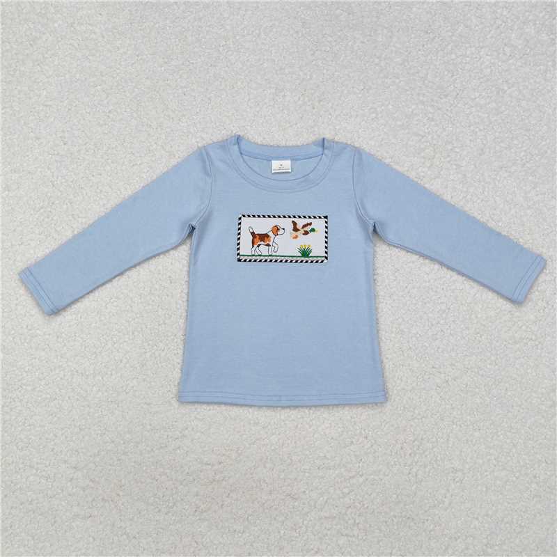 BT1007 Embroidered puppy and duck light blue long-sleeved top