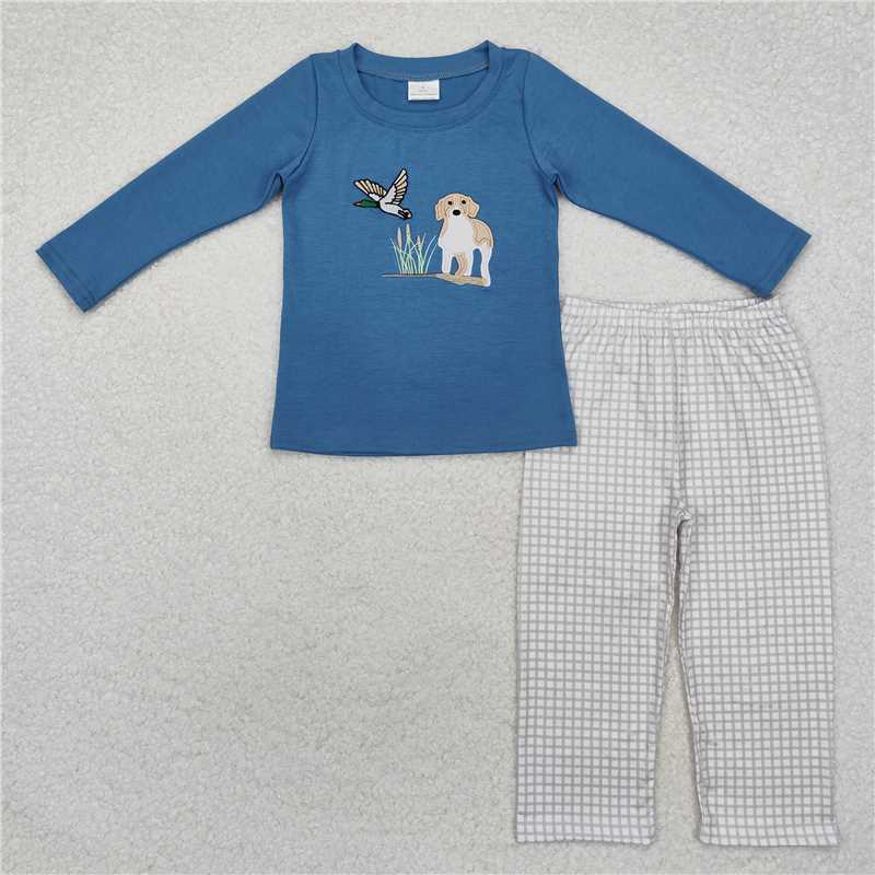 7.25  BLP0919 Embroidered duck and puppy haze blue long-sleeved plaid trousers suit