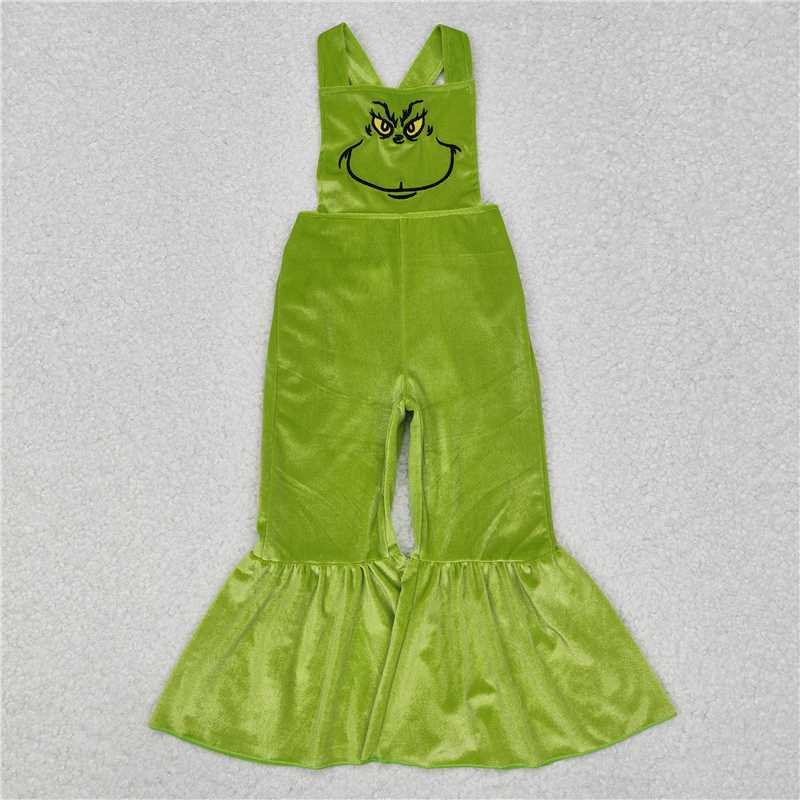 SR2013 grinch embroidered smiley face green velvet suspender jumpsuit