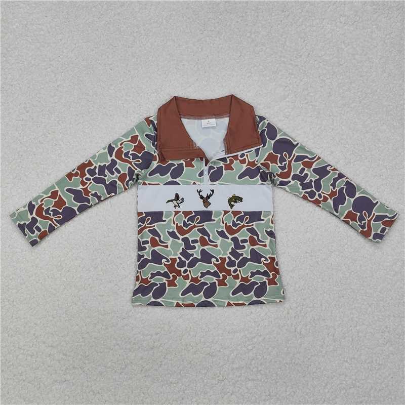 BT0902 Embroidered duck, elk, fish camouflage brown green zipper long sleeve top