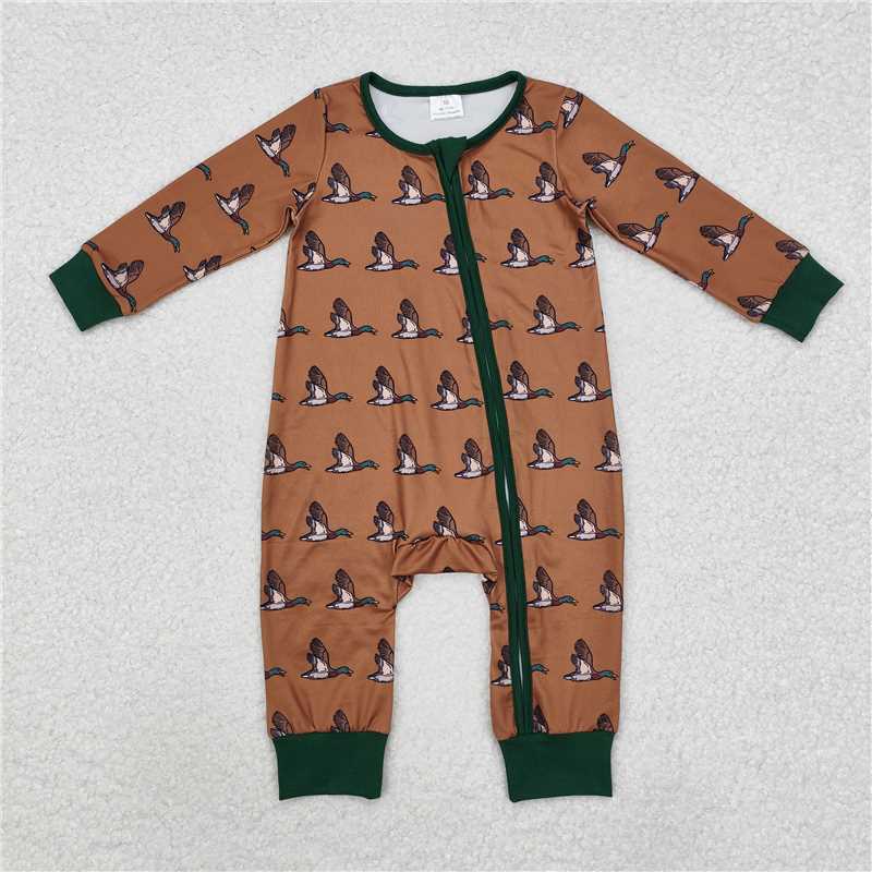 LR2154 Duck brown green zipper long sleeve jumpsuit