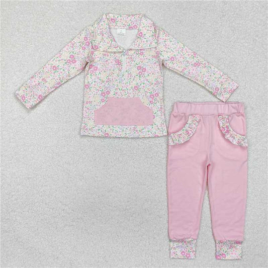 GLP2118 Flower floral pink pocket zipper long sleeve trousers set