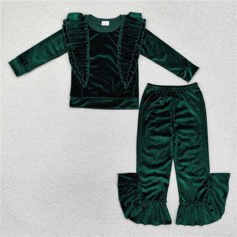 GLP2165 Solid green lace long-sleeved trousers suit