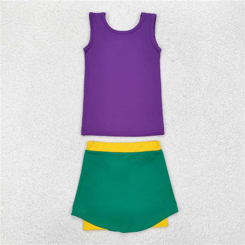 GSD1432 Pure purple sleeveless vest and yellow green sports skirt suit