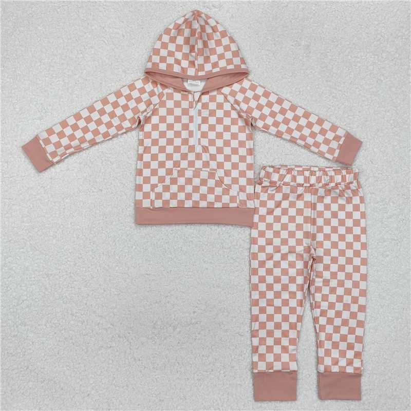 GLP1989 Beige plaid long-sleeved hooded trousers suit