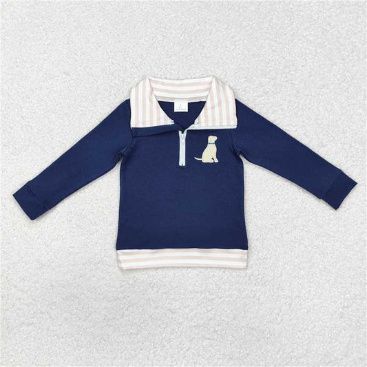 BT0893 Embroidered puppy dog stripe collar navy blue zipper long sleeve top