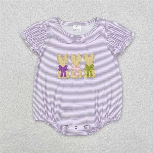 SR2074 Embroidered bow rabbit purple striped doll collar short-sleeved jumpsuit