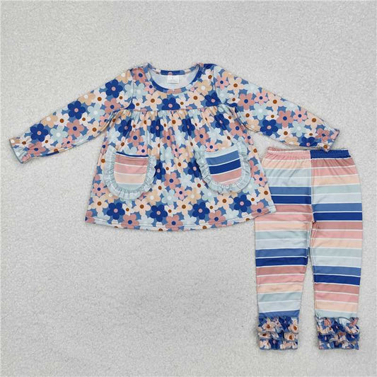 GLP2144 Powder blue flower pocket long sleeve colorful striped trousers set