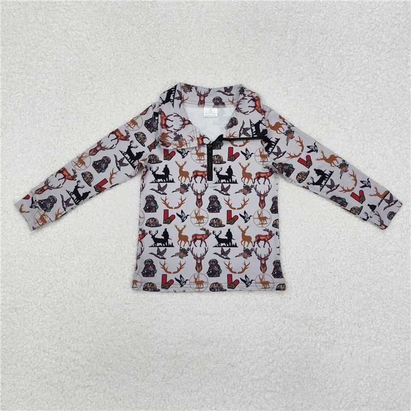 BT0954 Moose Puppy Hunting Grey Zipper Long Sleeve Top