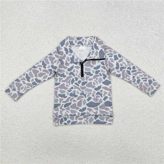 BT1041 Pocket camouflage gray-blue zipper long-sleeved top