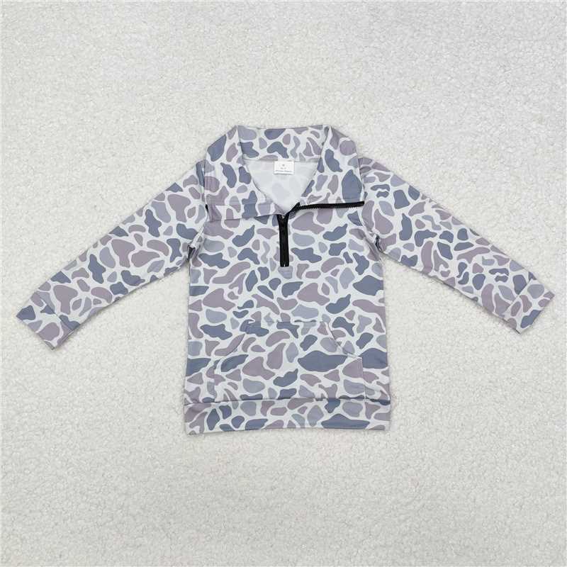 X1.1  BT1041 Pocket Camouflage Gray-Blue Zipper Long-Sleeve Top