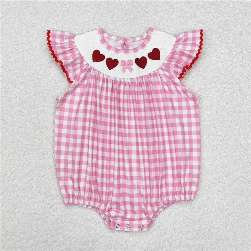 SR2214 Embroidered Valentine's Day love bow pattern pink plaid vest jumpsuit