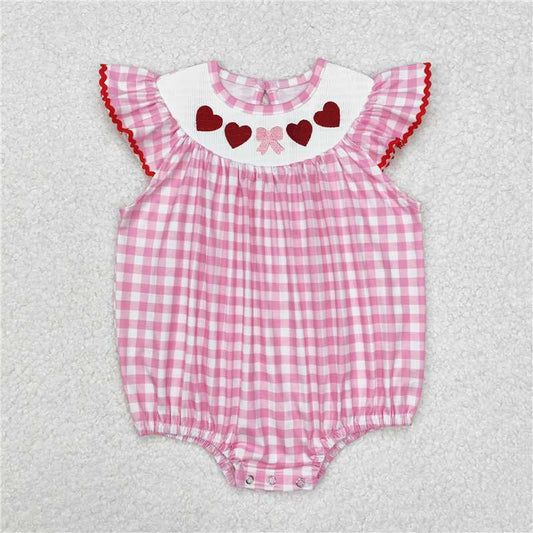 SR2214 Embroidered Valentine's Day love bow pattern pink plaid vest jumpsuit