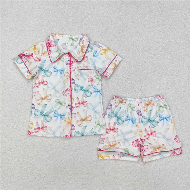 GSSO1478 Colorful bow pattern white short-sleeved shorts pajama set 3