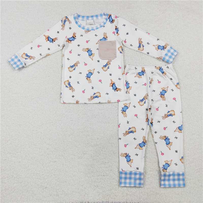 BLP1046 Easter bunny striped pocket white long sleeve long pants pajama set