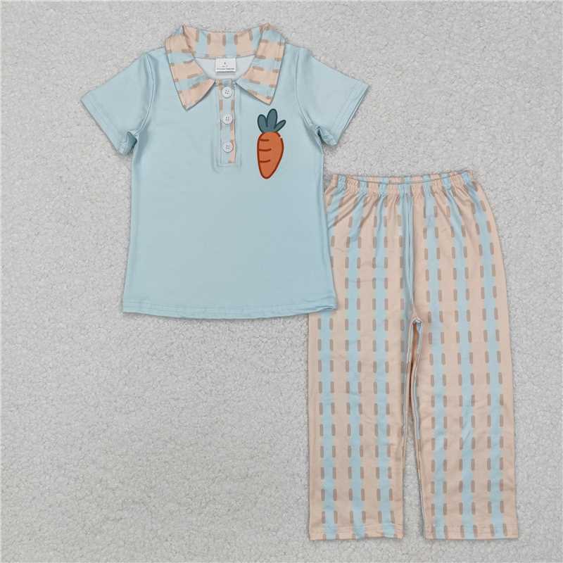 BSPO0528 Easter carrot blue short-sleeved striped trousers suit