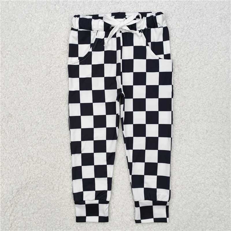 P0699 Black and white plaid lace-up trousers