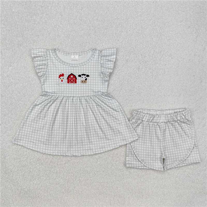 GSSO1564 Embroidery Chick Farm Red House Cow Green Plaid Flying Sleeve Shorts Set