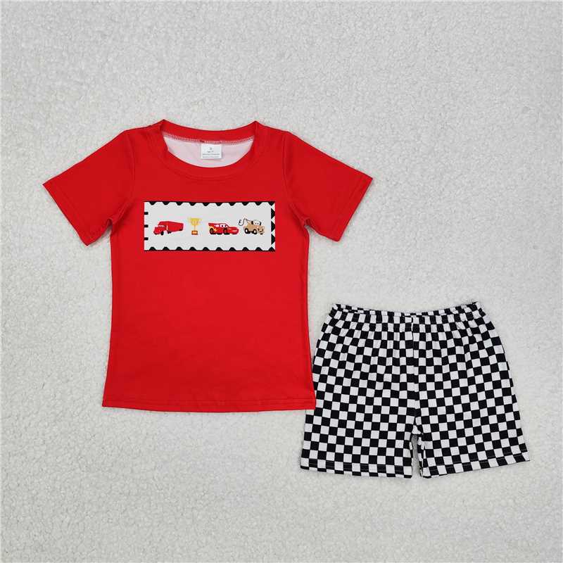 BSSO1079 Cartoon car engineering car trophy red short-sleeved black and white checkered shorts suit