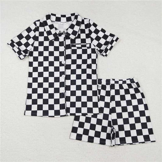 4.9  GSSO1536 Adult female black and white plaid short-sleeved shorts pajamas set