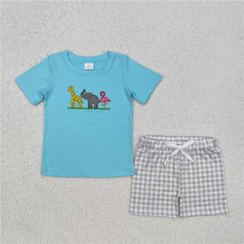 BSSO1019 Embroidery giraffe elephant bird animal blue short sleeve gray plaid shorts suit