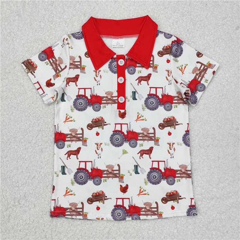 BT1043 Farm Animal Tractor Red and White Button Short Sleeve Top