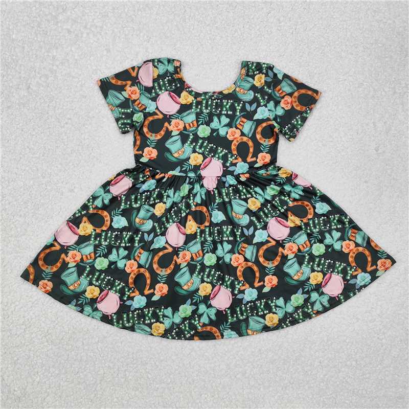 GSD1450 Four-leaf clover hat and flower green short-sleeved dress