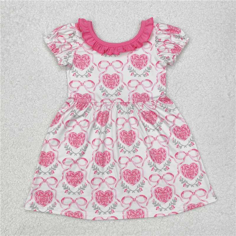 GSD1512 Valentine's Day love heart flower bow pattern pink lace beige short-sleeved dress