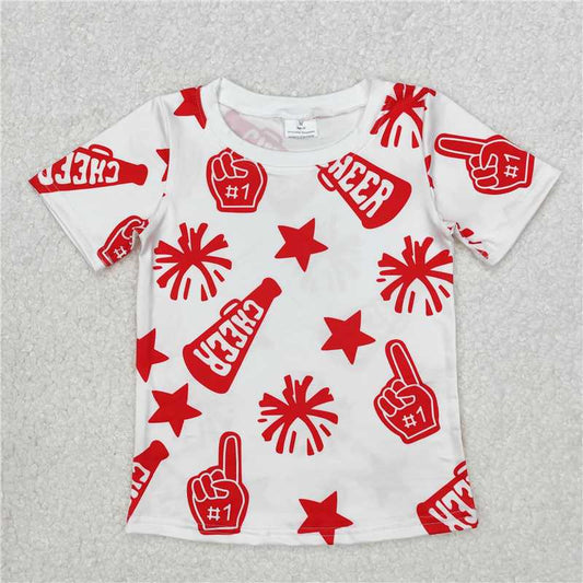3.24  GT0940 Cheer red fireworks star white short-sleeved top