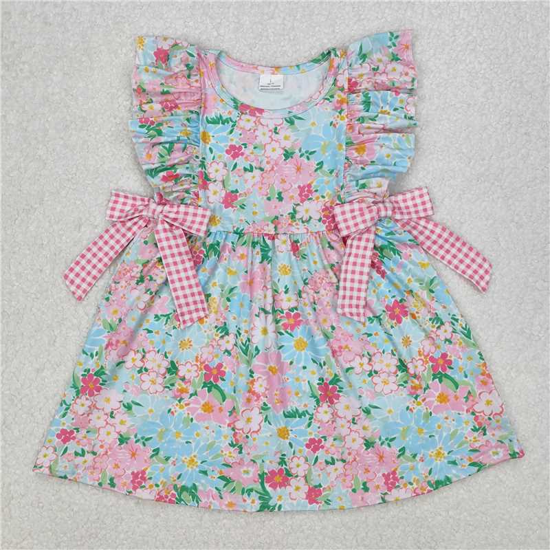 3.11GSD1962 Floral pink plaid bow lace sleeve dress