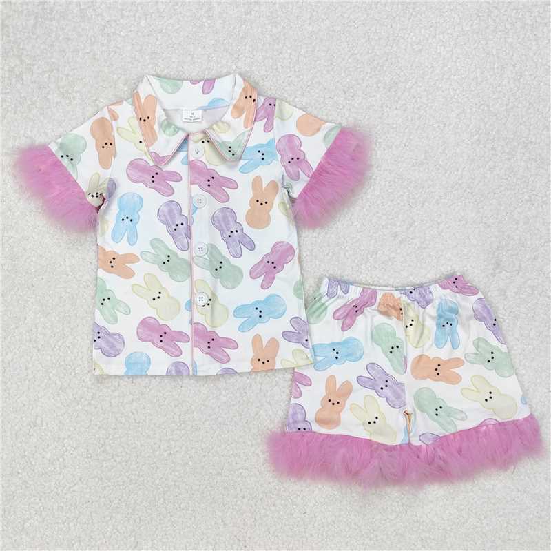 3.11 GSSO2020 Easter colorful bunny pink plush edge white short-sleeved shorts pajama set