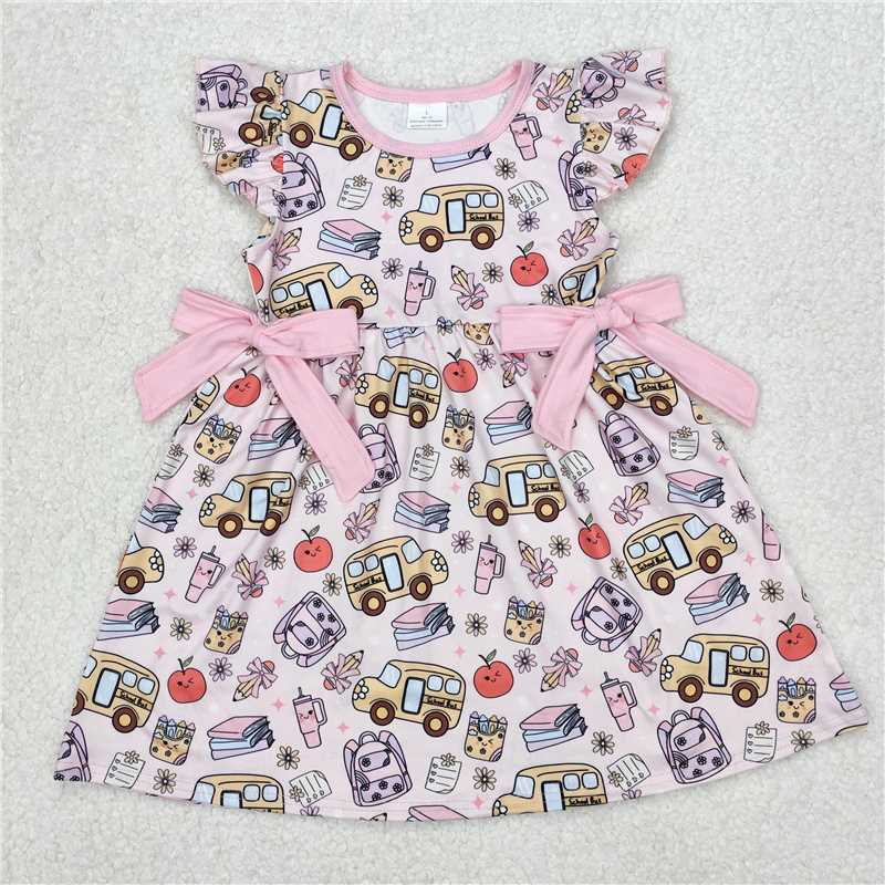 3.11GSD1819 School bus pencil apple pink bow flying sleeve dress