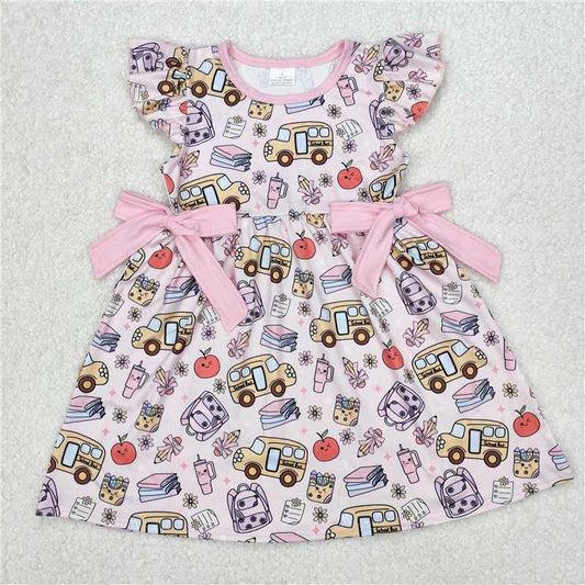 3.11GSD1819 School bus pencil apple pink bow flying sleeve dress