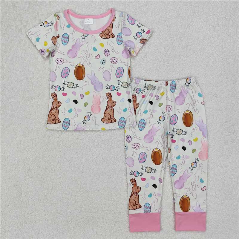 3.24 GSPO1960 Easter bunny egg candy pink yellow short-sleeved long pants pajama set