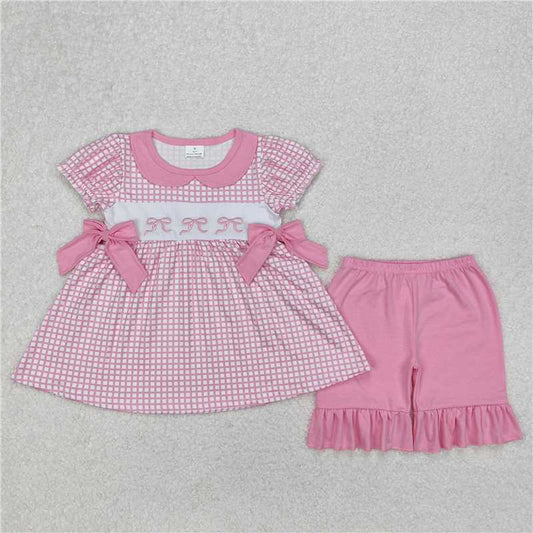 3.10 GSSO1879 Embroidered bow pattern doll collar pink plaid short-sleeved shorts suit