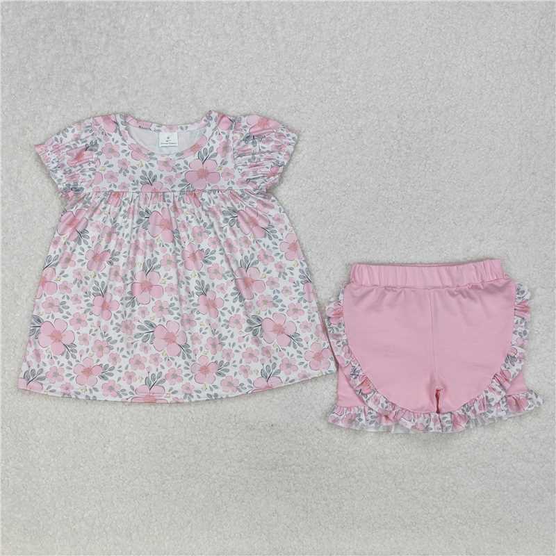 3.10 GSSO2194 Pink flower and leaf beige short-sleeved shorts set