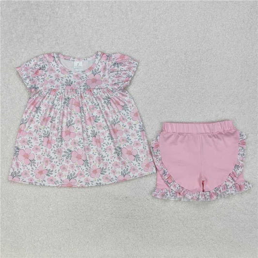 3.10 GSSO2194 Pink flower and leaf beige short-sleeved shorts set