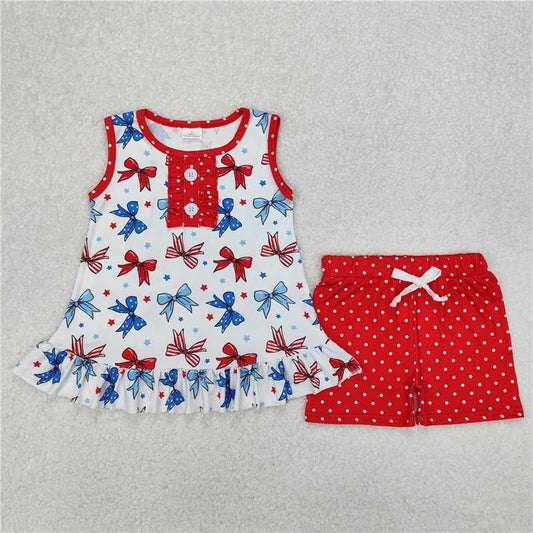 3.17GSSO1991 National Day bow pattern white sleeveless polka dot red shorts suit