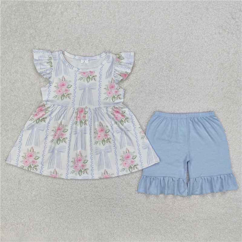 3.17 GSSO2052 Flower, leaf, blue stripes, bow pattern, white flying sleeves shorts set