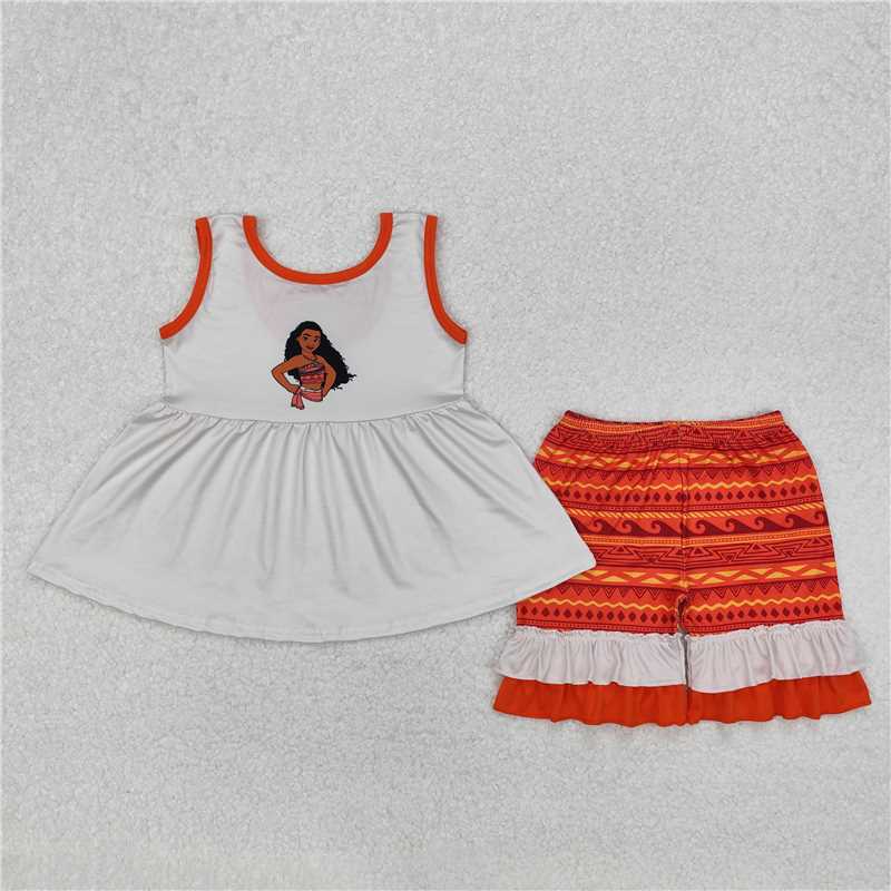3.17  GSSO2057 moana orange bow beige sleeveless geometric shorts set