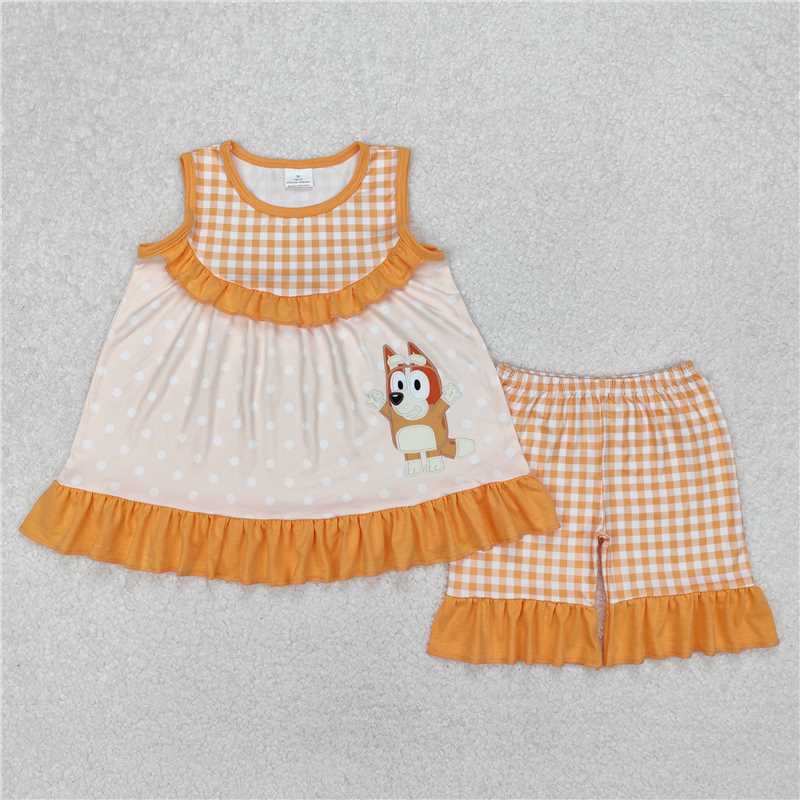 3.17  GSSO2123 bluey orange lace plaid polka dot sleeveless shorts set