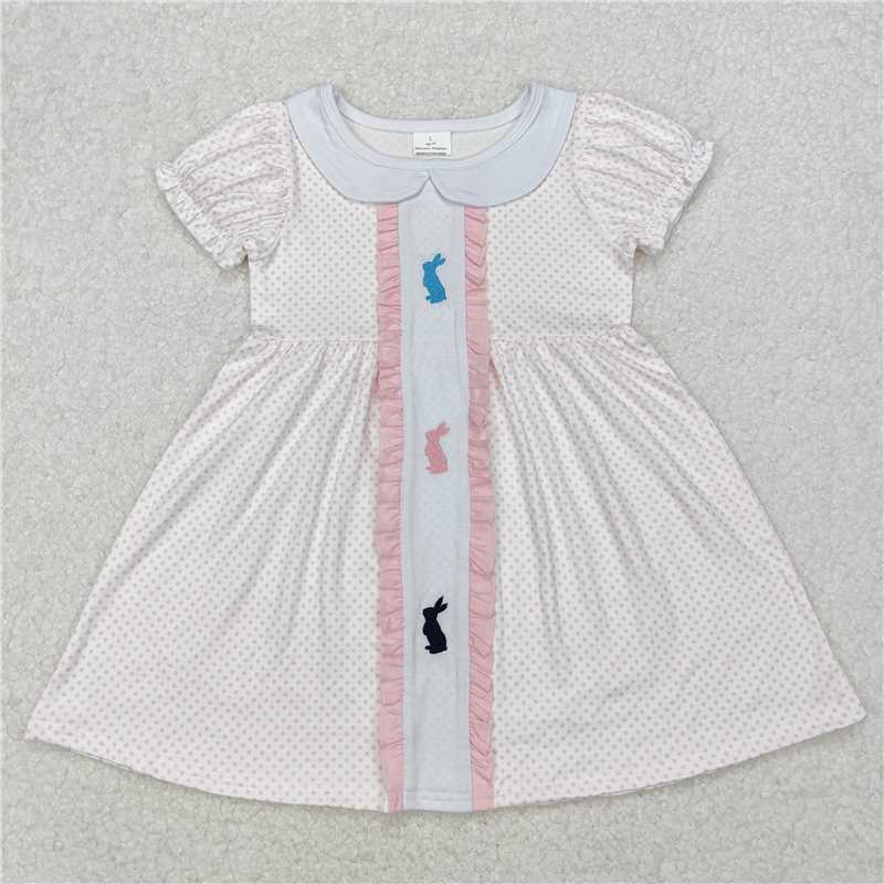 3.17 GSD1771 Embroidered Easter bunny pink polka dot lace doll collar white short-sleeved dress