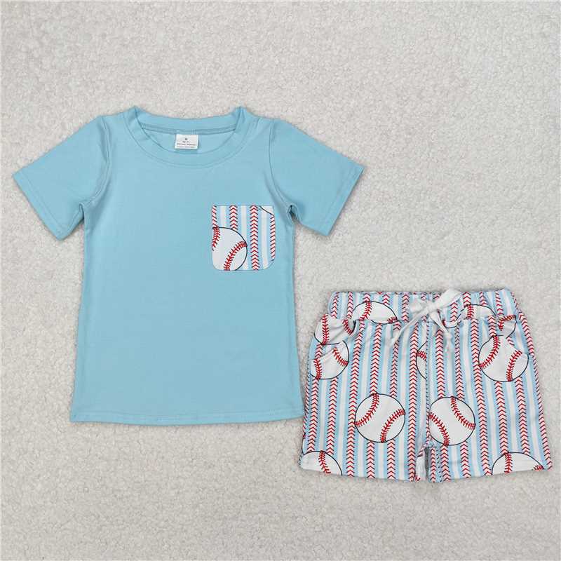 4.2 BSSO1317 Baseball stripe pocket blue short-sleeved shorts set