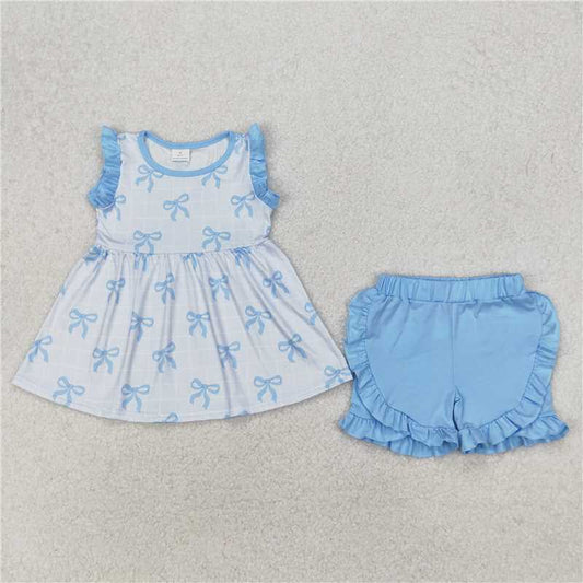 3.17 GSSO2120 Blue bow pattern plaid lace sleeve shorts set