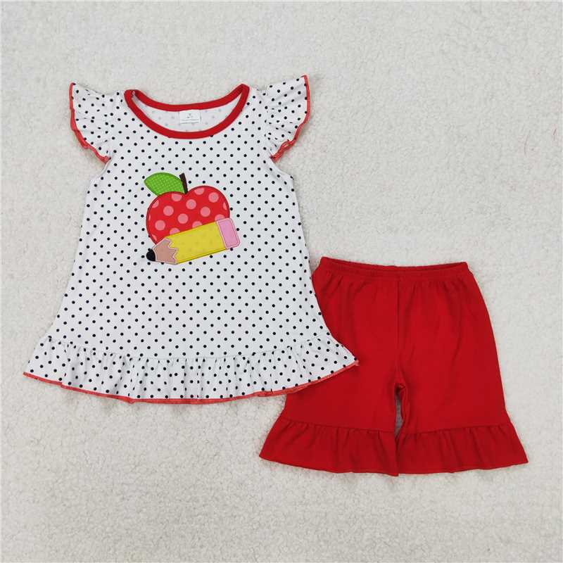 3.17 GSSO2071 Embroidery Back to School Apple Pencil White Polka Dot Lace Flying Sleeve Red Shorts Set